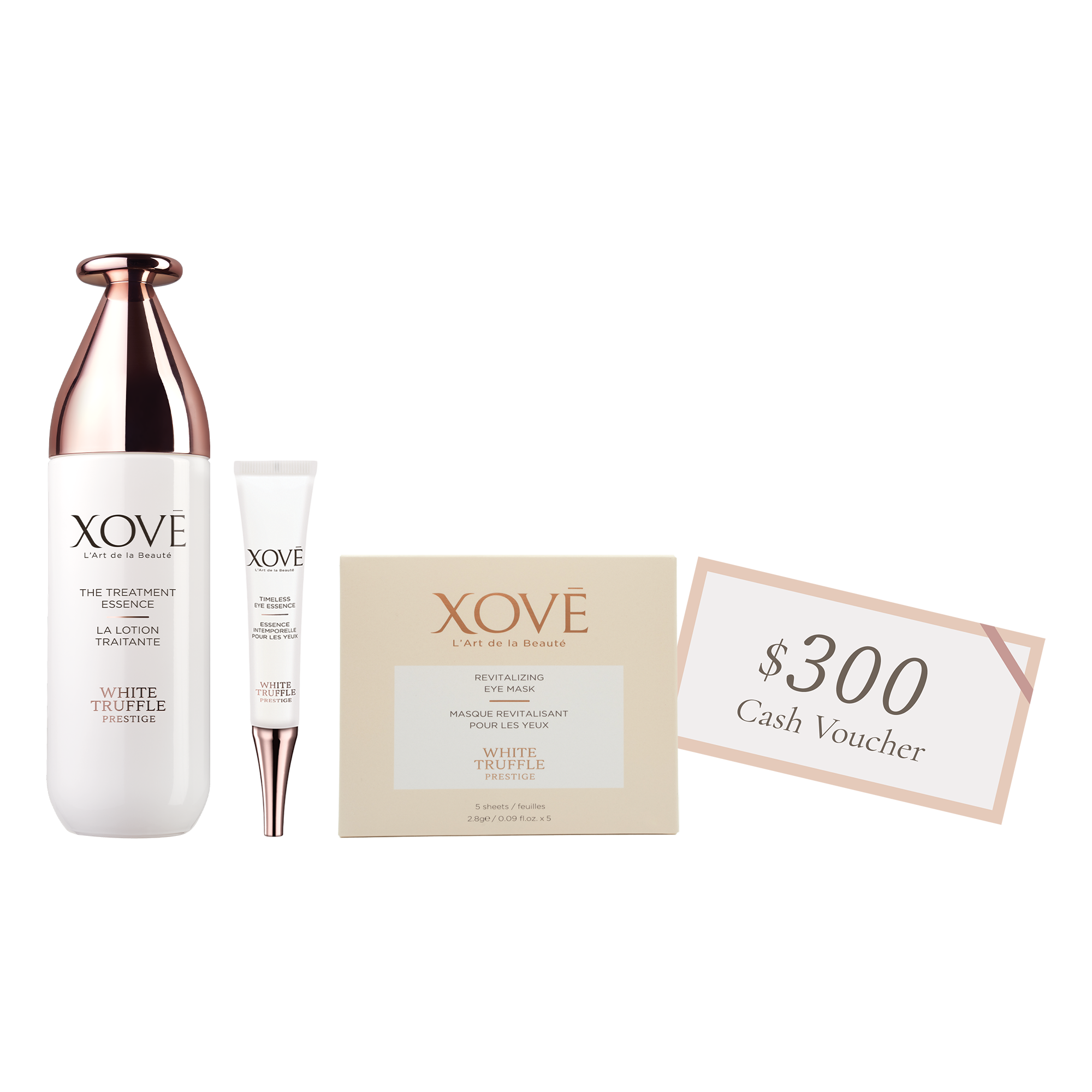 <small>The Treatment Essence 100ml<br>Revitalizing Eye Mask 5pairs<br>Timeless Eye Essence 15ml<br>XOVĒ $300 Gift Coupon<br>(Worth: $2,160)</small>