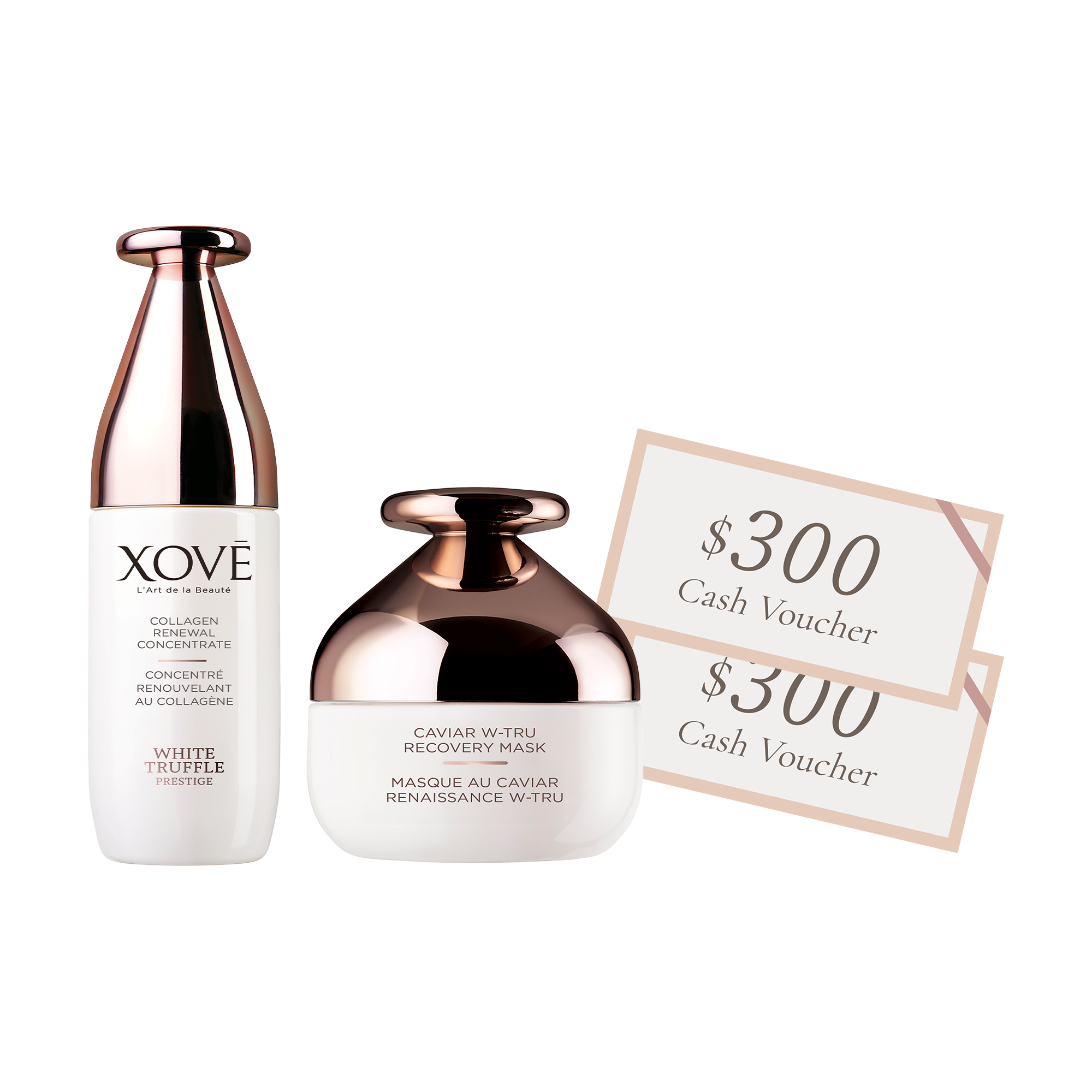 <small>Caviar W-Tru Recovery Mask 50ml<br>Collagen Renewal Concentrate 40ml<br>XOVĒ $300 Gift Coupon x 2<br>(Worth: $2,680)</small>