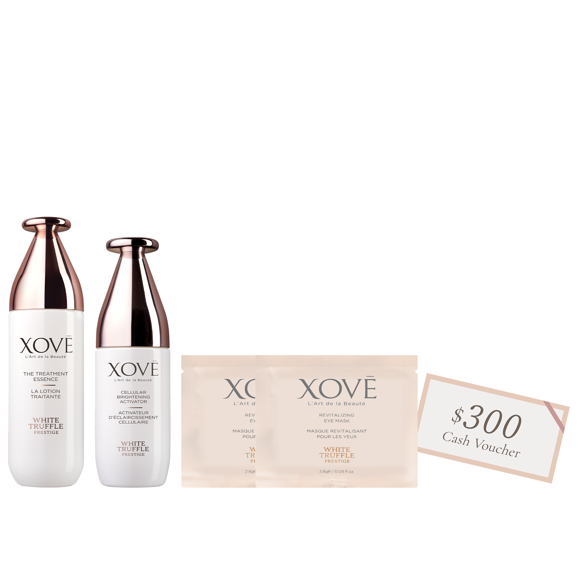 <small>The Treatment Essence 100ml<br>Cellular Brightening Activator 40ml<br>Revitalizing Eye Mask 2.8ml x 2pcs<br>XOVĒ $300 Gift Coupon<br>(Worth: $2,497)</small>
